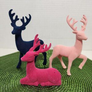 Set of 3 Velvet Christmas Reindeer, 1 blue, 1 pink, 1 dark pink